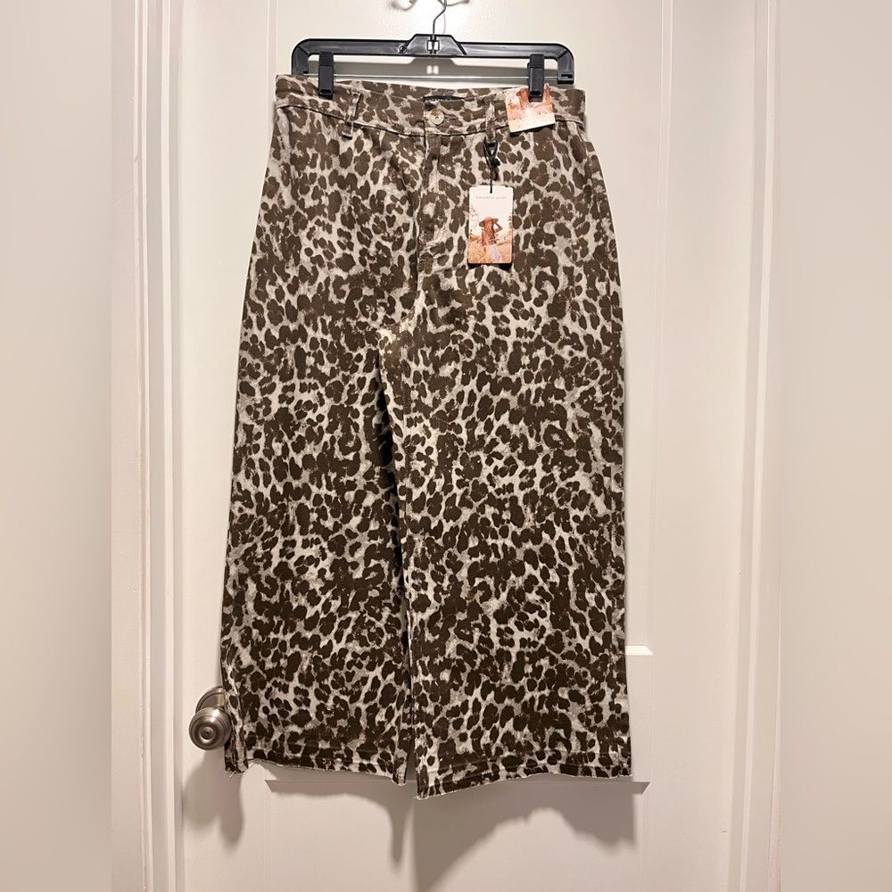 Sincerely Jules Women's Wide Leg Baggy Crop Pants Leopard Print Cotton Raw Hem